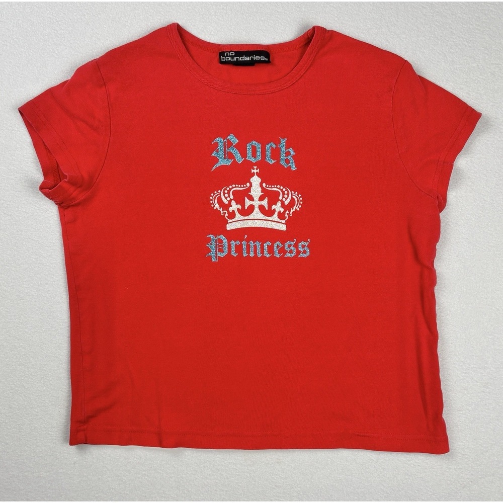 Y2K No Boundaries Red Rock‎ Princess Crown Glitter Baby Tee Juniors XL 2000s